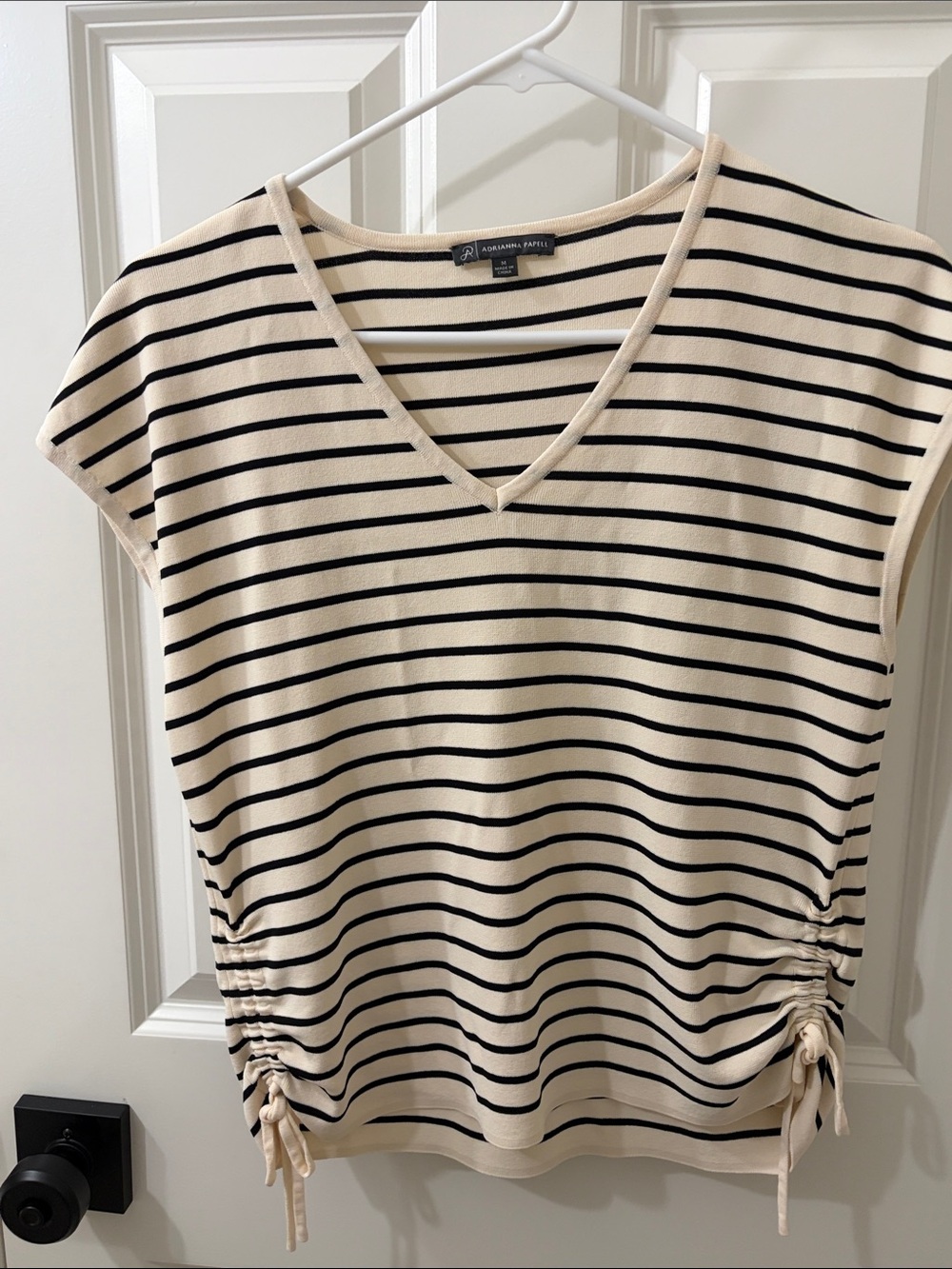 Adrianna Papell Cream and Black Striped V-Neck Cap-Sleeve Top